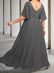 V Neck A Line Long Mother of the Bride Dress with Applique and Half Sleeves