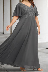 V Neck A Line Long Mother of the Bride Dress with Applique and Half Sleeves