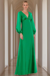 V Neck A Line Long Mother of the Bride Dress with Long Sleeves and Ruffles