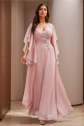V Neck A Line Long Mother of the Bride Dress with Short Sleeves and Appliques Lace