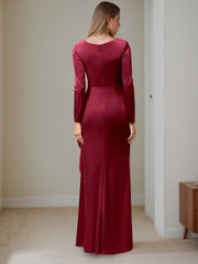 V Neck A Line Long Velvet Mother of the Bride Dress with Ruffled Long Sleeves