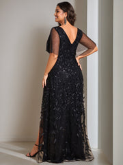 V Neck A Line Short Sleeve Asymmetrical Mother of the Bride Dress with Sequins