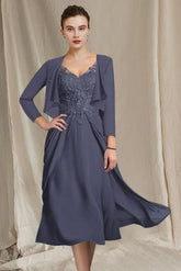 V Neck A Line Tea Length Dress for the Mother of the Bride