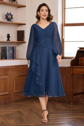 V Neck A Line Tea Length Dress with Long Sleeves Pleats and Appliques for Mothers of the Bride & Groom