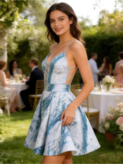 V-Neck Abstract Print Mini Dress with Lace-Up Detail Homecoming Dresses