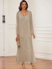 V Neck Ankle Length Sheath Column Dress with Jacket & Sequins for Mothers of the Bride & Groom