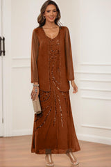 V Neck Ankle Length Sheath Column Dress with Jacket & Sequins for Mothers of the Bride & Groom
