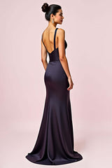 V-Neck Backless Navy Wedding Guest Dress Sheath Long Formal Dress