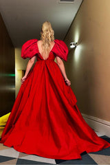 V Neck Backless Puff Sleeves Long Split Evening Formal Dress With Pleated