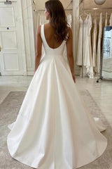 V Neck Beach Wedding Dress A Line Satin Beach Bridal Dress