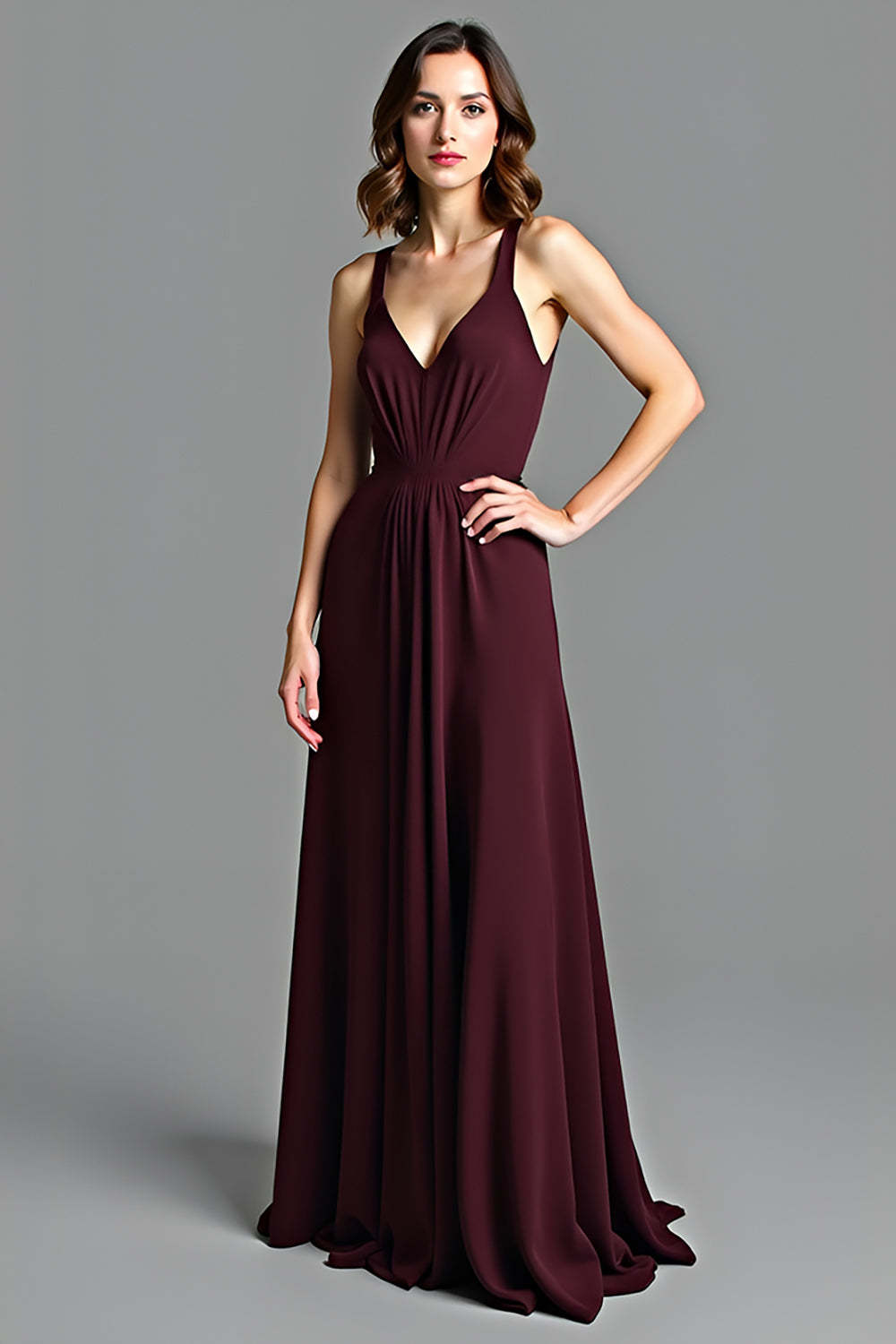 Suzhoufashion V-Neck Cabernet A Line Long Formal Dress suzhoufashion Suzhoufashion V-Neck Cabernet A Line Long Formal Dress suzhoufashion