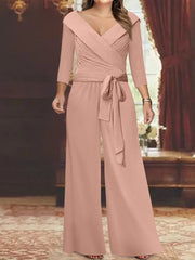 V Neck Chiffon Jumpsuit with Ruched Detail and 3/4 Sleeves for the Mother