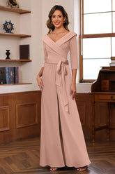 V Neck Chiffon Jumpsuit with Ruched Detail and 3/4 Sleeves for the Mother