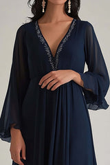V-Neck Chiffon Navy Wedding Guest Dress Deep Long Formal Dress With Sleeves