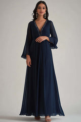 V-Neck Chiffon Navy Wedding Guest Dress Deep Long Formal Dress With Sleeves