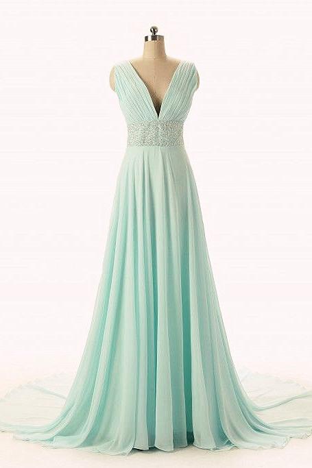 V-Neck Chiffon Sexy Party Dress Crystal Popular Evening Long Dresses