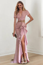 V Neck Long Mermaid Trumpet Mother of the Bride Dress with Ruffles