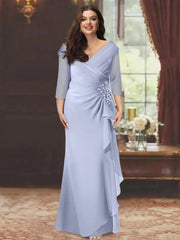 V Neck Long Mother of the Bride Dress with Ruffles and Appliques Half Sleeves
