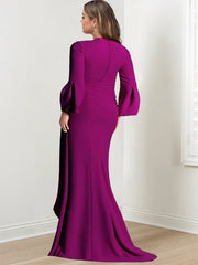 V Neck Long Plus Size Mother of the Bride Gown With Side Split and Long Sleeves