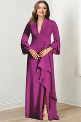 V Neck Long Plus Size Mother of the Bride Gown With Side Split and Long Sleeves