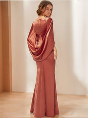 V Neck Long Velvet Mother of the Bride Sheath Dress with Ruffled Half Sleeves