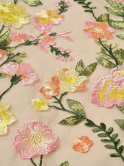 V Neck Floral A Line Mother of the Bride Dress with Short Sleeves and Embroidery