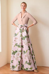 V Neck Floral Print Mother of the Bride Dress with Bow Belt A Line Cut and 3/4 Sleeves