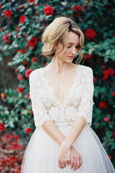 V-Neck Half Sleeve Lace Summer Wedding Dress Elegant Tulle A-Line Bridal Gowns