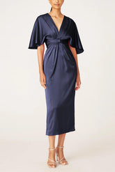 V Neck Half Sleeve Tea Length Sheath Dress with Ruffles for the Mother of the Bride