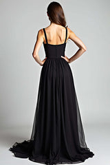 V-Neck Long Black Wedding Guest Dress A Line Formal Dress With Slit