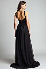 V-Neck Long Black Wedding Guest Dress A Line Formal Dress With Slit