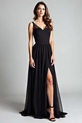 V-Neck Long Black Wedding Guest Dress A Line Formal Dress With Slit
