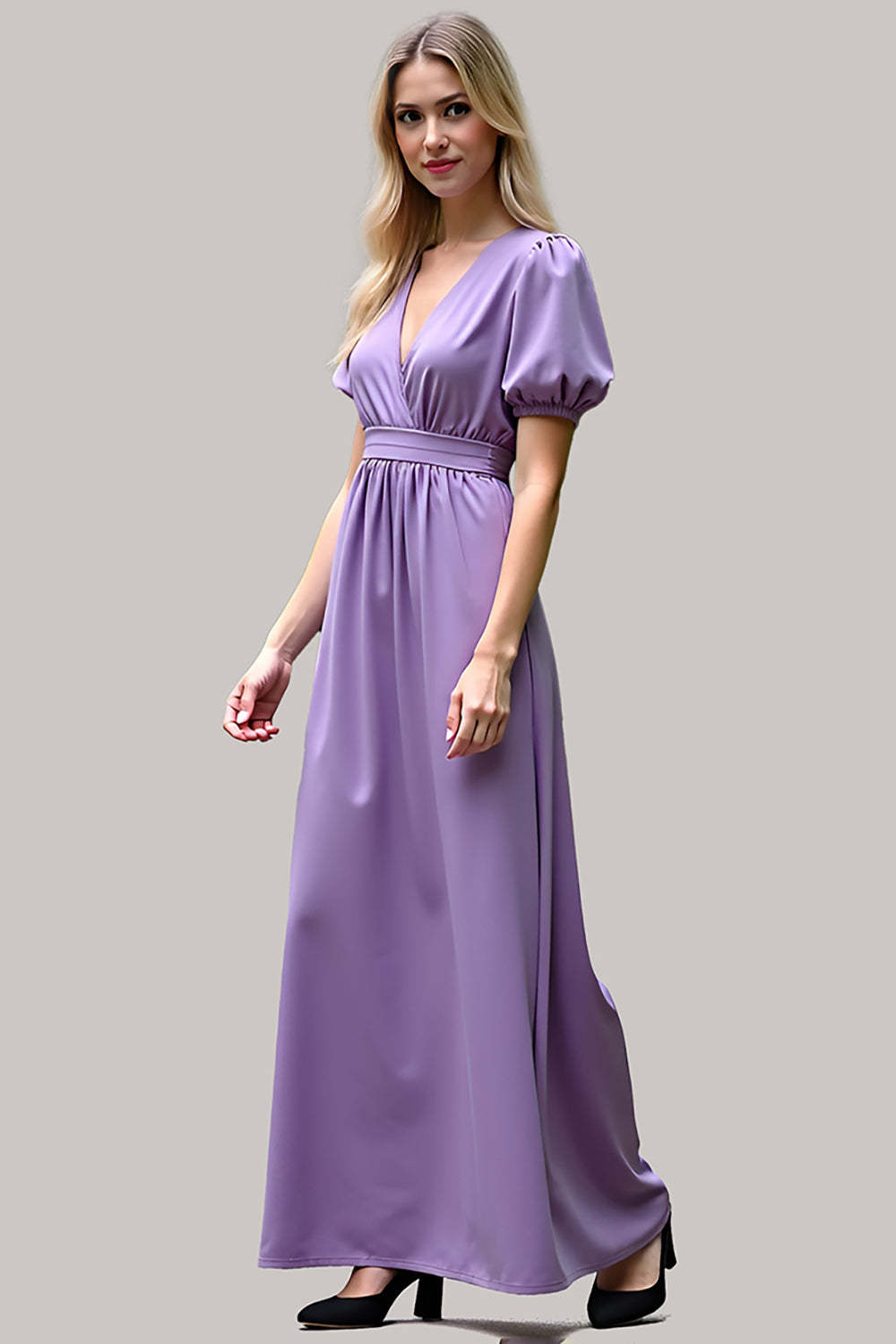 Suzhoufashion V-Neck Long Purple Wedding Guest Dress Satin Formal Dress with Short Sleeves