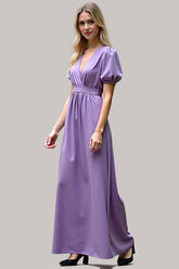 V-Neck Long Purple Wedding Guest Dress Satin Formal Dress With Short Sleeves