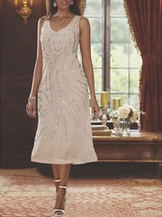V Neck Long Sleeve Tea Length Mother of the Bride Dress with Jacket and Sequins