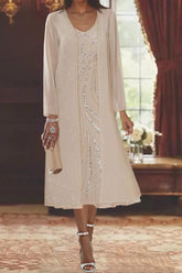 V Neck Long Sleeve Tea Length Mother of the Bride Dress with Jacket and Sequins