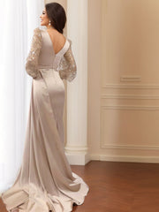 V Neck Long Sleeve Trumpet Mermaid Mother of the Bride Dress with Side Split and Ruched Detail