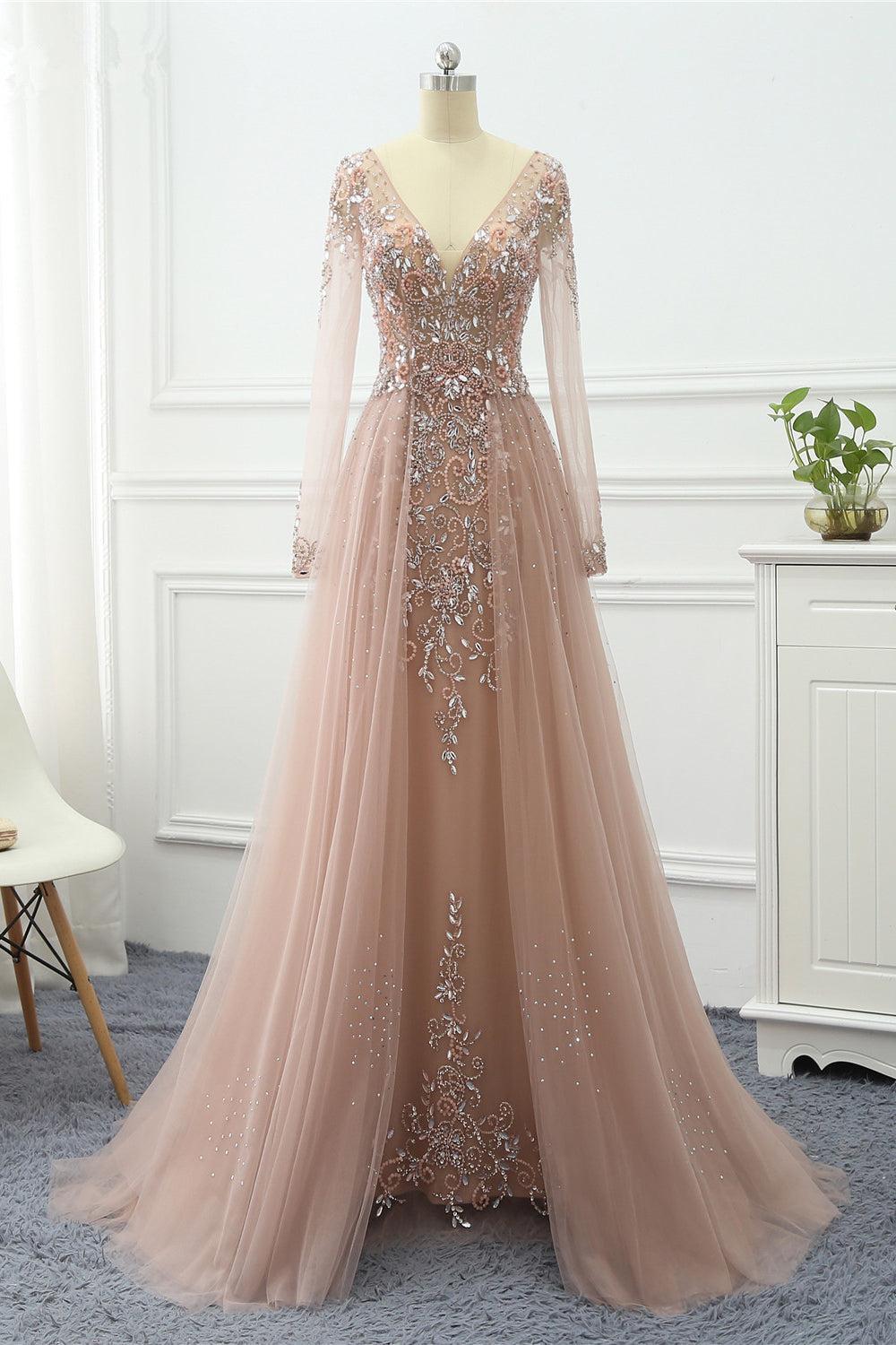V Neck Long Sleeves Evening Formal Dress Tulle Ruffled With Beading Appliques