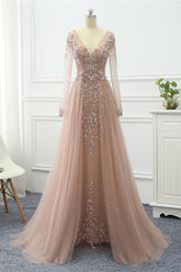 V Neck Long Sleeves Evening Formal Dress Tulle Ruffled With Beading Appliques