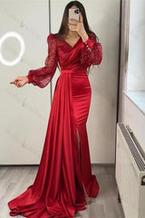 V Neck Long Sleeves Sequined Mermaid Split Evening Formal Dress With Ruffled