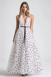 V-Neck Long White Tulle A Line Formal Dress With Polka Dots