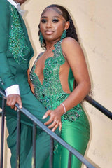 V-Neck Mermaid Sleeveless Beading Sweep Train Formal Dresses