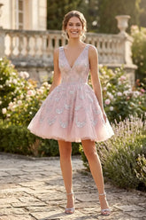 Suzhoufashion V-Neck Mini Dress with Allover Sequined Petals Homecoming Dresses
