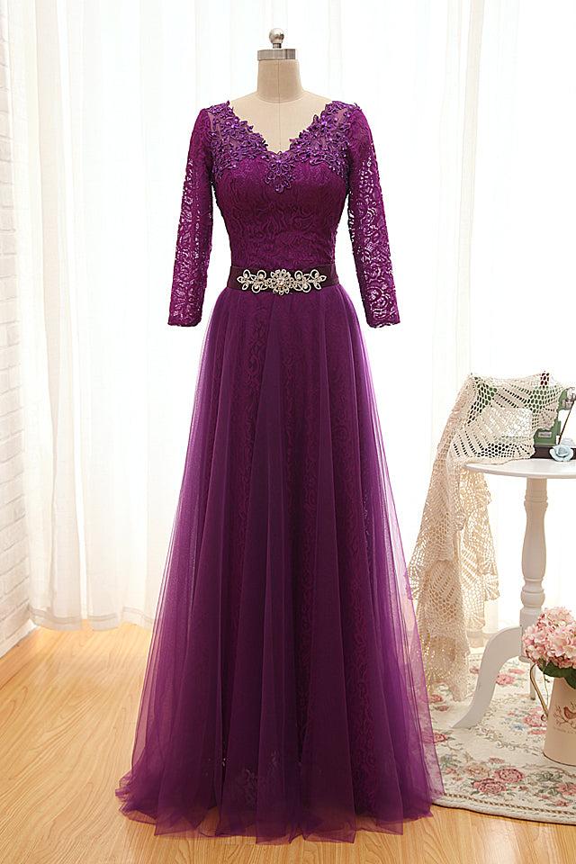 V-Neck Purple Long Sleeve Mother of the Bride Dress Sequins Lace Formal Evening Dress