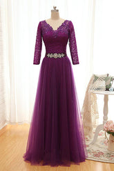 V-Neck Purple Long Sleeve Mother of the Bride Dress Sequins Lace Formal Evening Dress