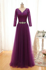 V-Neck Purple Long Sleeve Mother of the Bride Dress Sequins Lace Formal Evening Dress