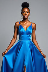 V-Neck Royal Blue Wedding Guest Dress Long Satin Formal Dress With Slit