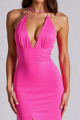 V-Neck Satin Fuchsia Wedding Guest Dress Mermaid Long Formal Dress With Slit