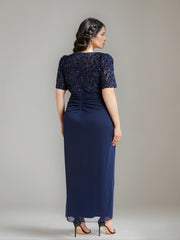 V Neck Short Sleeve Ankle Length Plus Size Sheath Column Mother of the Bride Dress with Sequins & Ruches