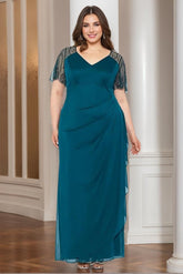 V Neck Short Sleeve Beaded Lace Ankle Length Plus Size Mother of the Bride Sheath Dress